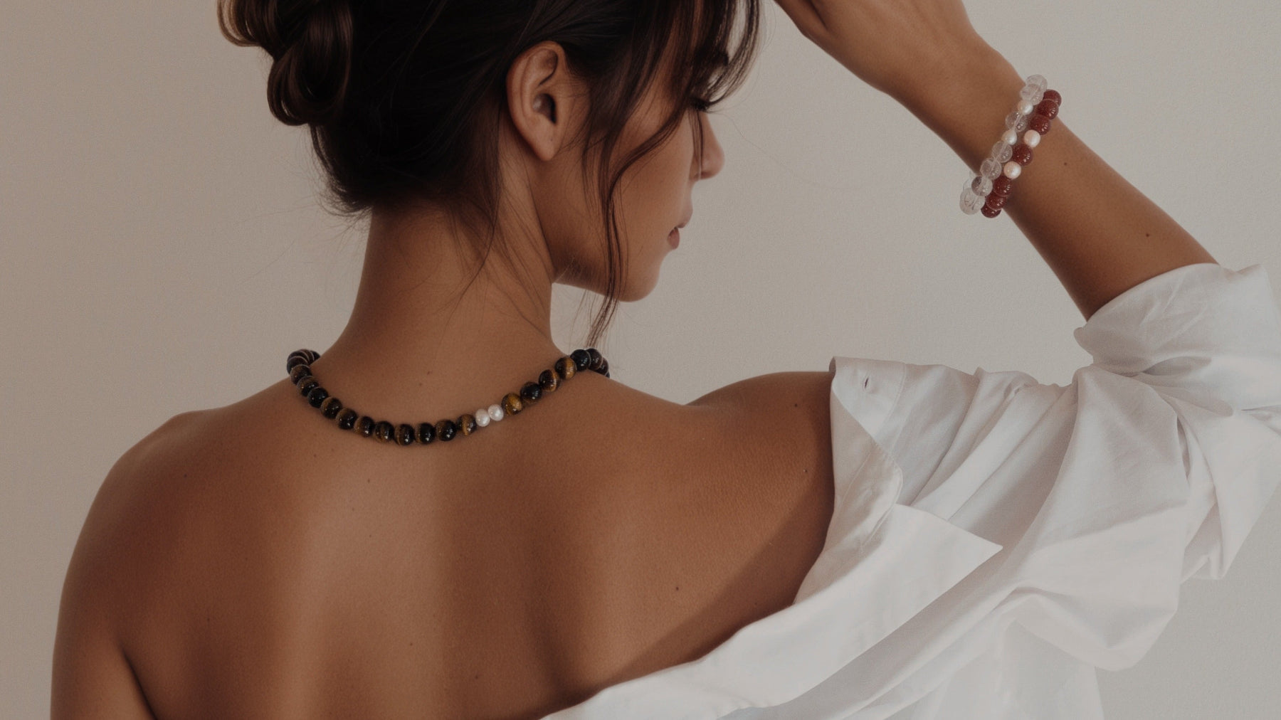 wearing tiger eye necklace Red Agate and Azeztulite  Bracelet
