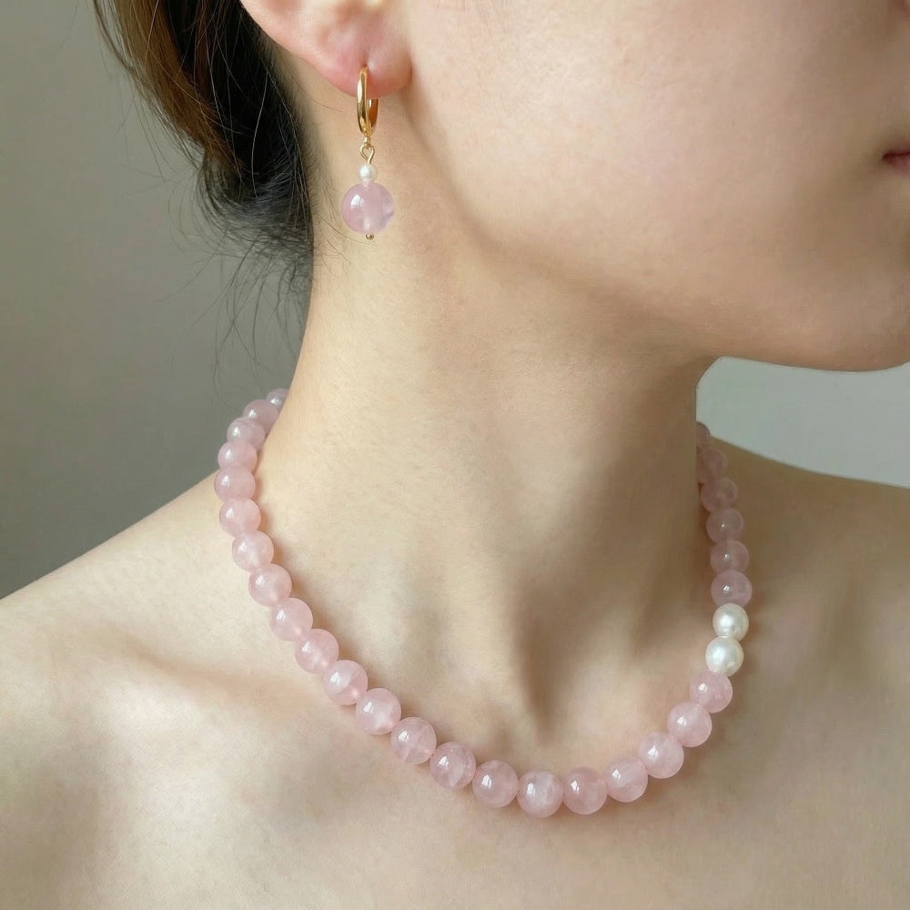Amaré Luz Rose Quartz Drop Earrings – Freshwater Pearl Huggie Hoops and neckalce