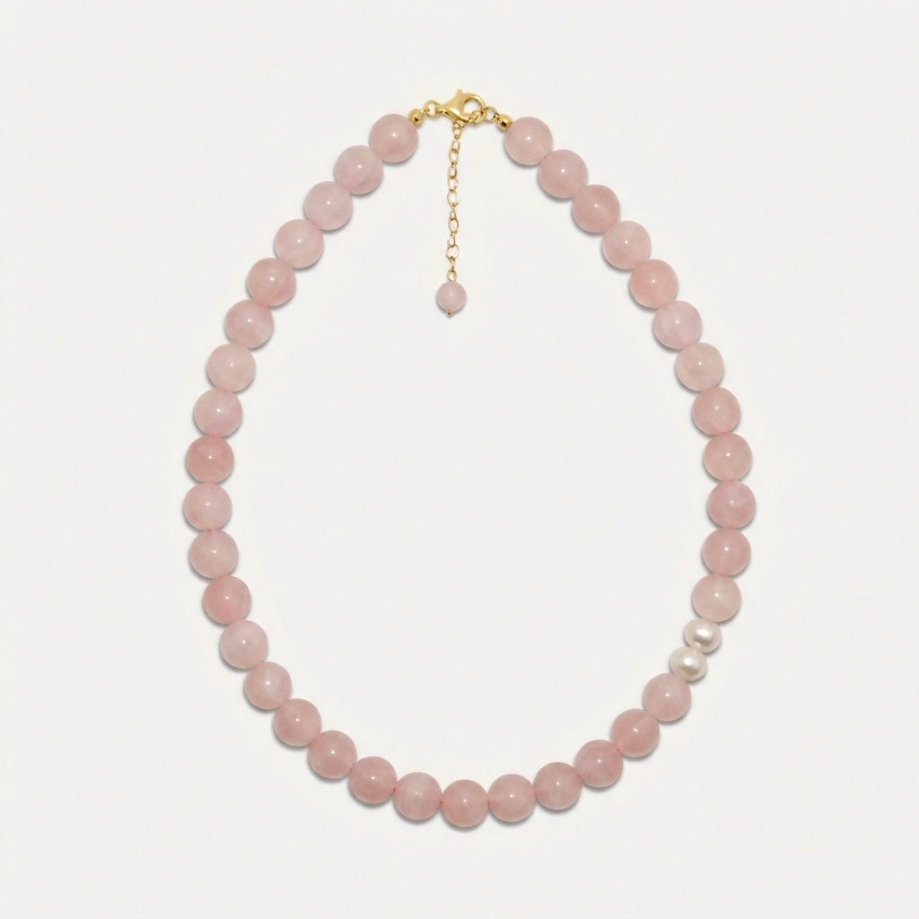 Amaré Luz Rose Quartz Necklace – 10mm Bold Bead & Freshwater Pearls