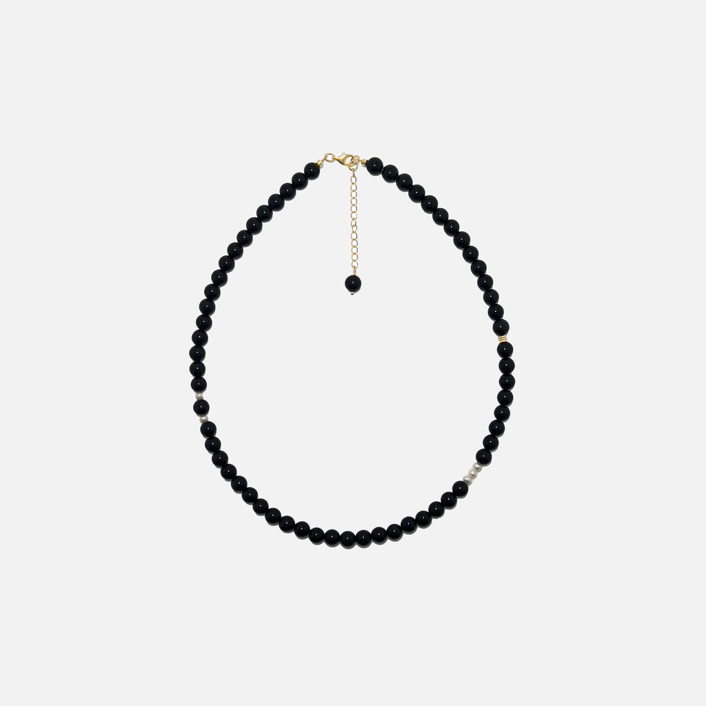 Obsidian crystal necklace with 6mm natural gemstone beads, freshwater pearls, and gold accents on a white background. Handmade for grounding, protection, and everyday style.