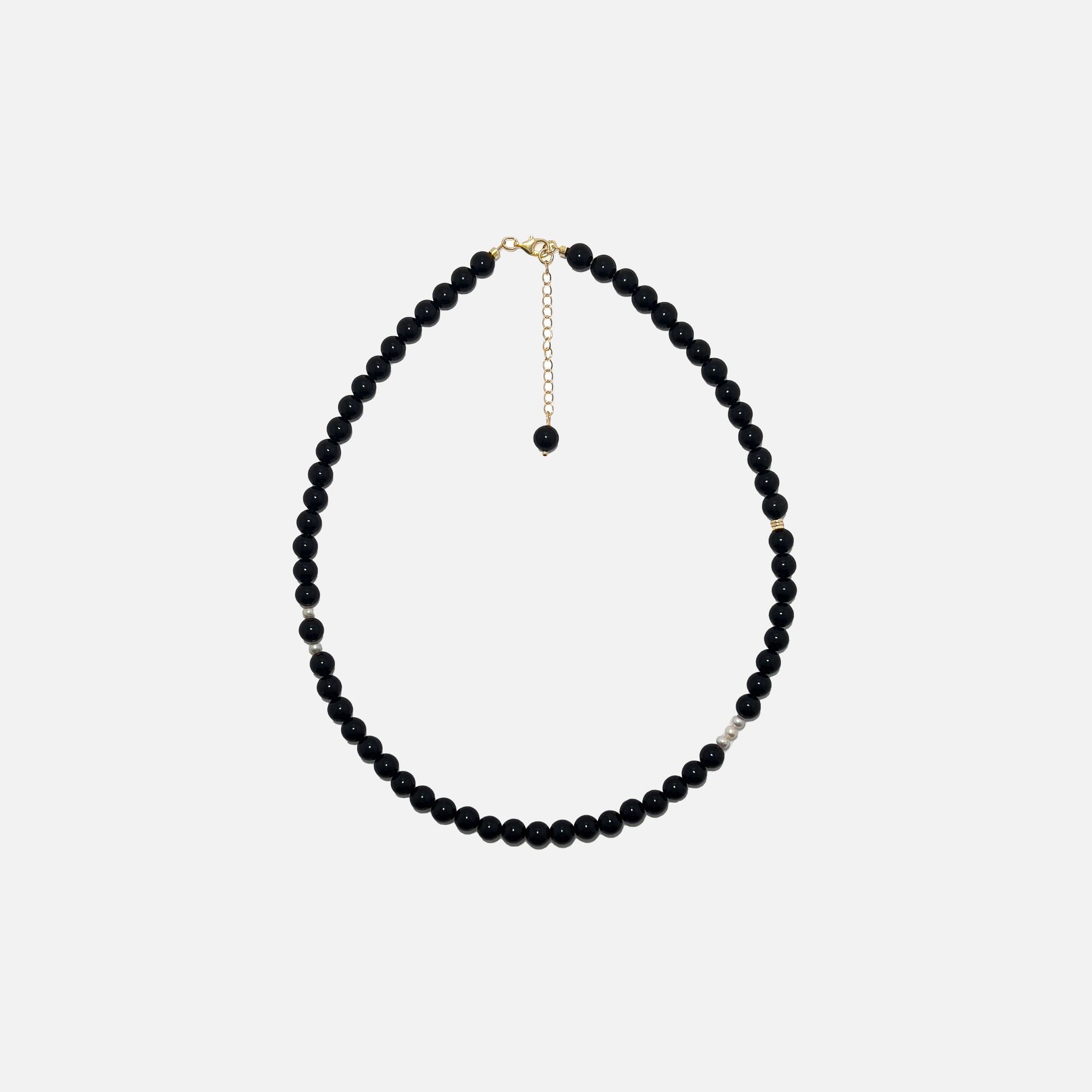 Obsidian crystal necklace with 6mm natural gemstone beads, freshwater pearls, and gold accents on a white background. Handmade for grounding, protection, and everyday style.