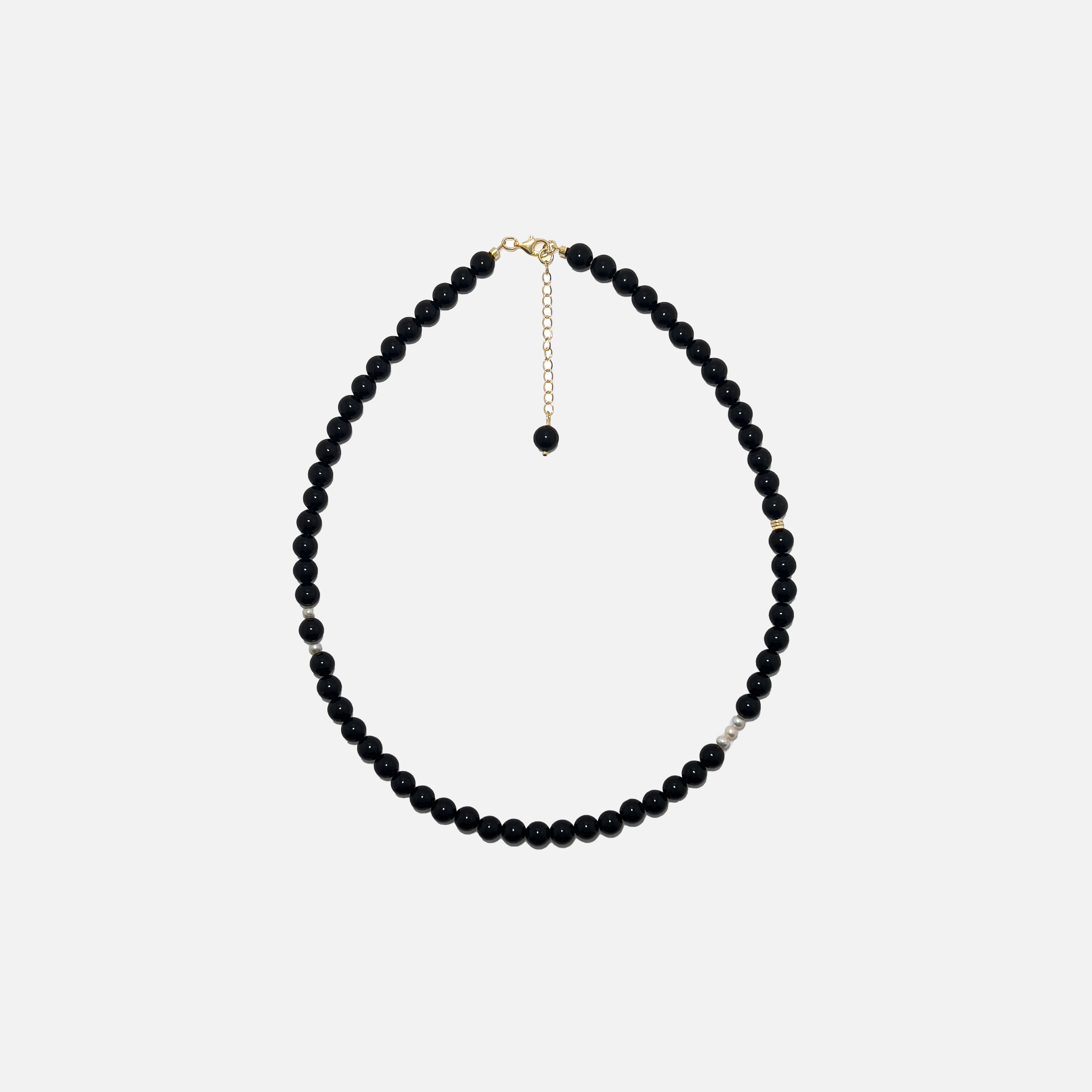 Obsidian crystal necklace with 6mm natural gemstone beads, freshwater pearls, and gold accents on a white background. Handmade for grounding, protection, and everyday style.