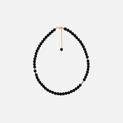 Obsidian crystal necklace with 6mm natural gemstone beads, freshwater pearls, and gold accents on a white background. Handmade for grounding, protection, and everyday style.