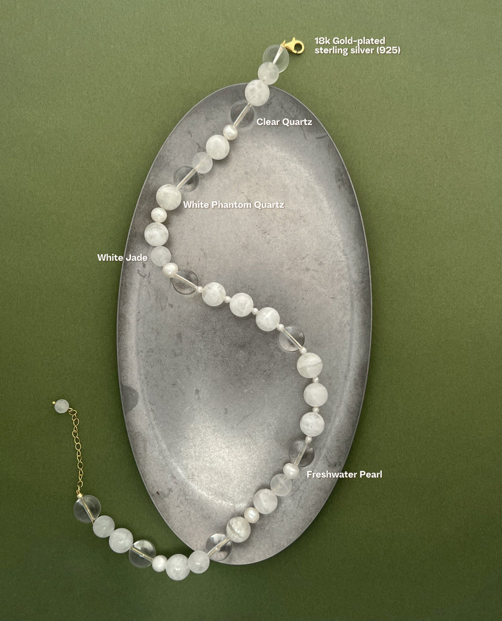 Informational product map of the Qi necklace identifying its premium components: 12mm clear quartz, 12mm white phantom quartz, 10mm white jade, and mixed-size freshwater pearls on an 18k gold-plated chain.