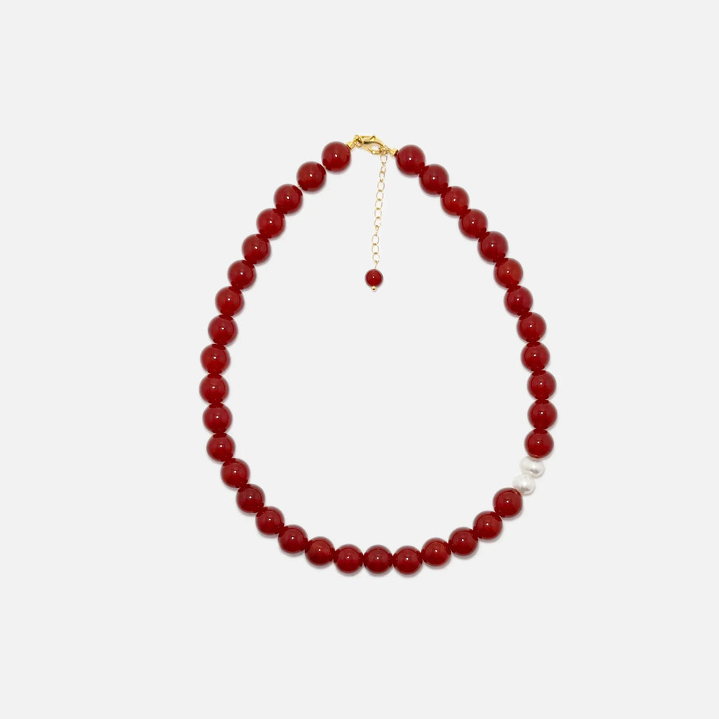 Red Agate crystal necklace with natural gemstones and freshwater pearls