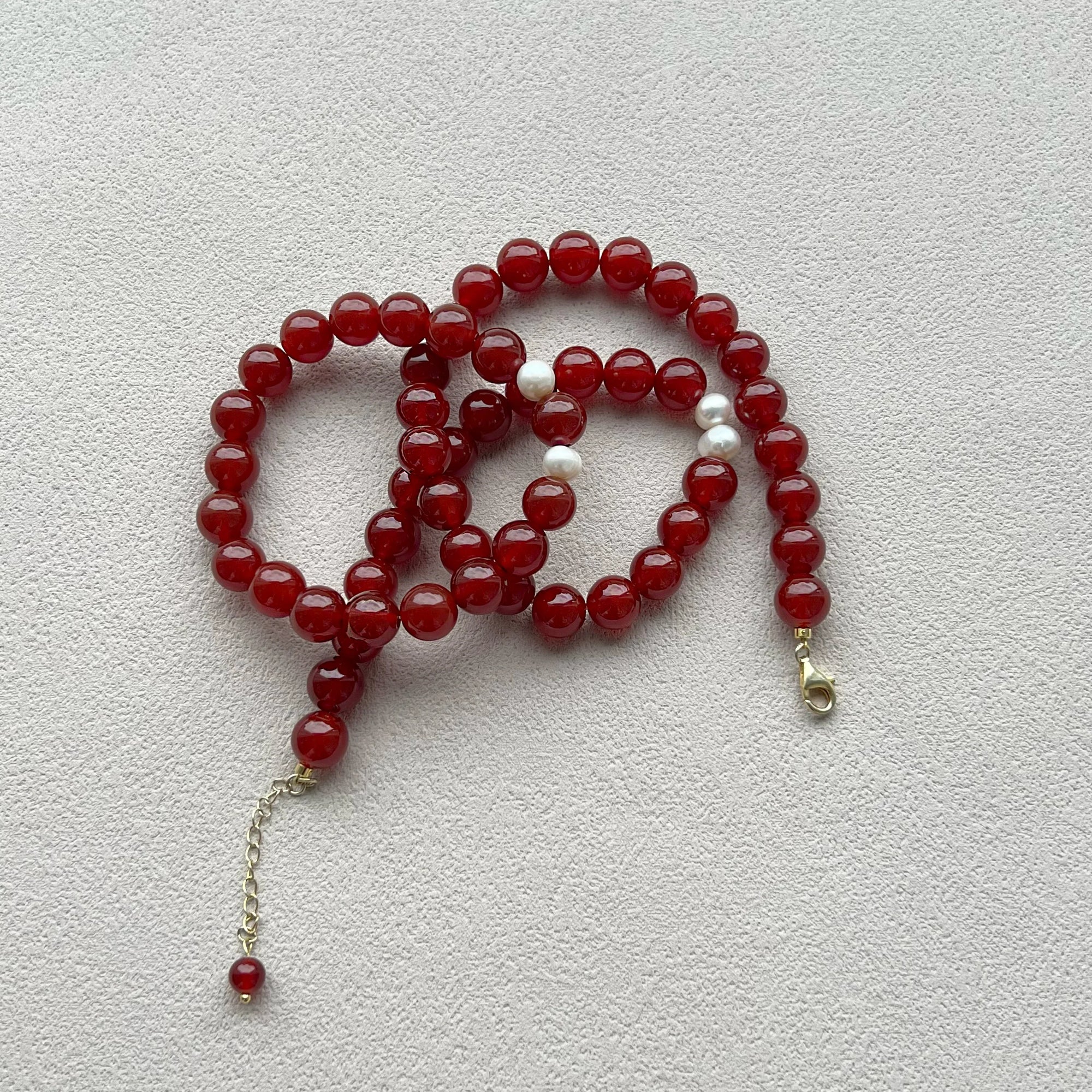 Red Agate crystal necklace and bracelet set with freshwater pearls for confidence, passion, and emotional balance