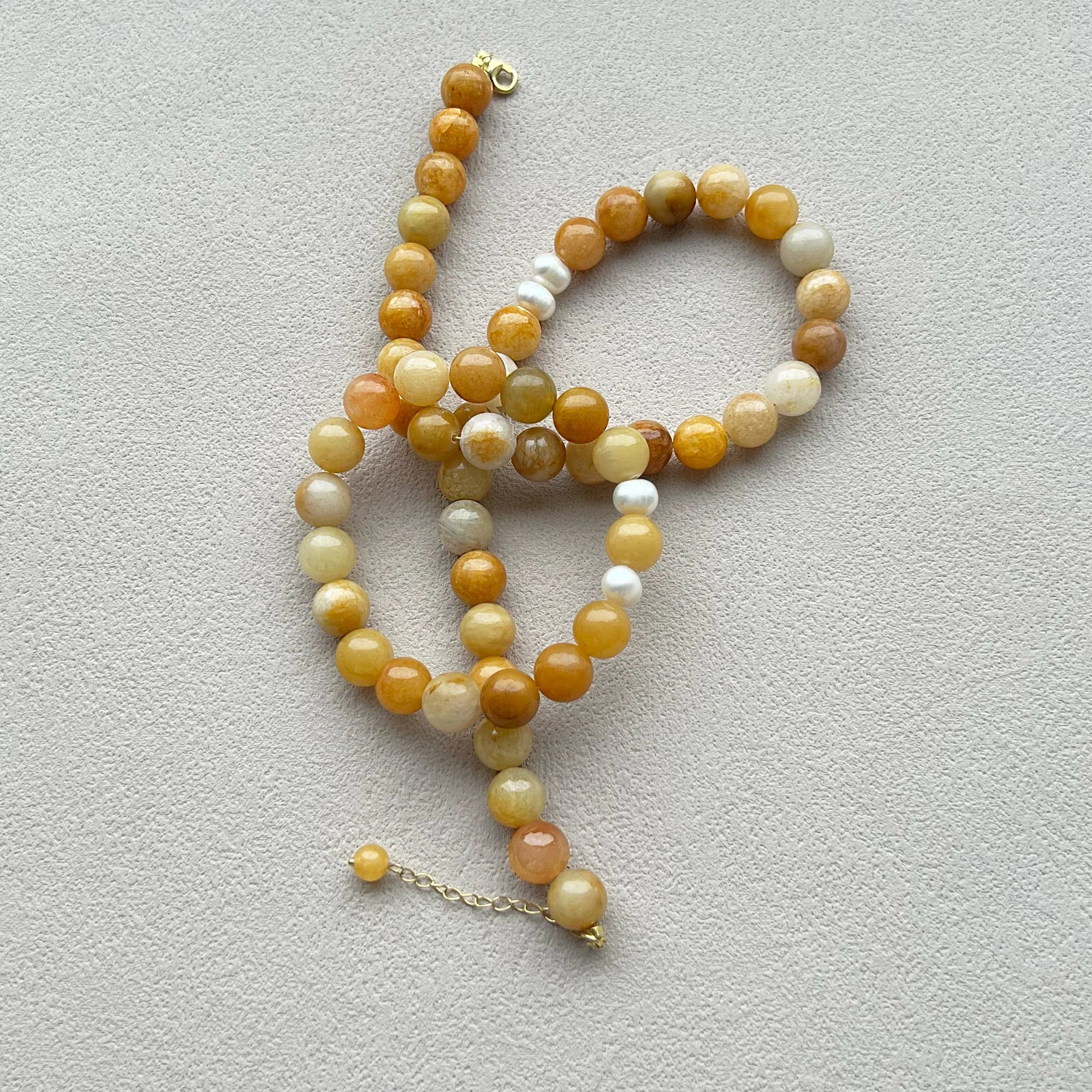 Yellow Aventurine crystal necklace and bracelet set with freshwater pearls for positivity, motivation, and abundance