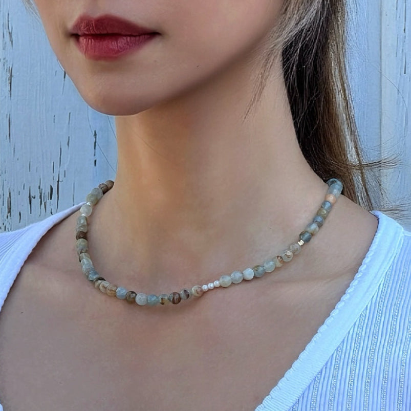 Blue Calcite Freya Necklace on model – handmade crystal necklace for calm and clarity