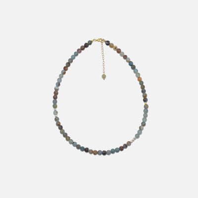 Blue Calcite Freya Necklace with 6mm natural gemstone beads, freshwater pearls, and subtle gold accents on a white background. Handmade crystal jewelry for calm energy and everyday elegance.