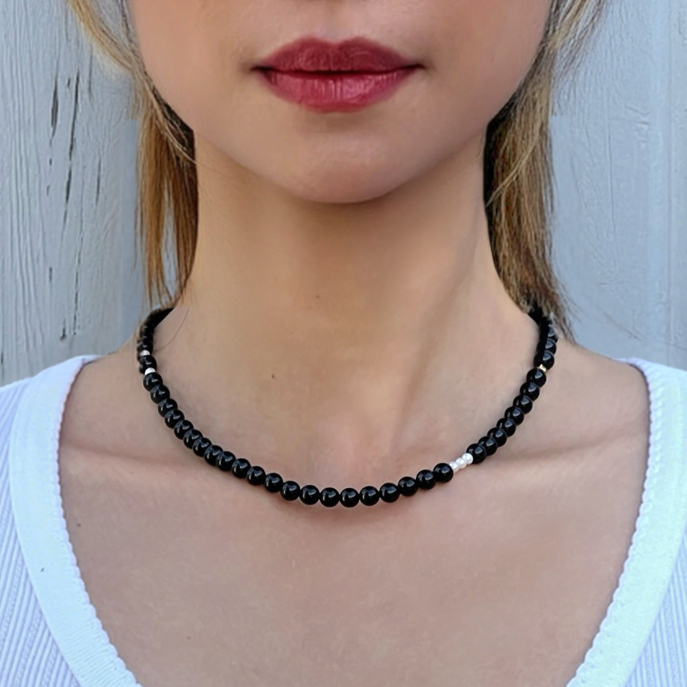 Obsidian Freya Necklace on model – handmade crystal necklace for grounding and protection