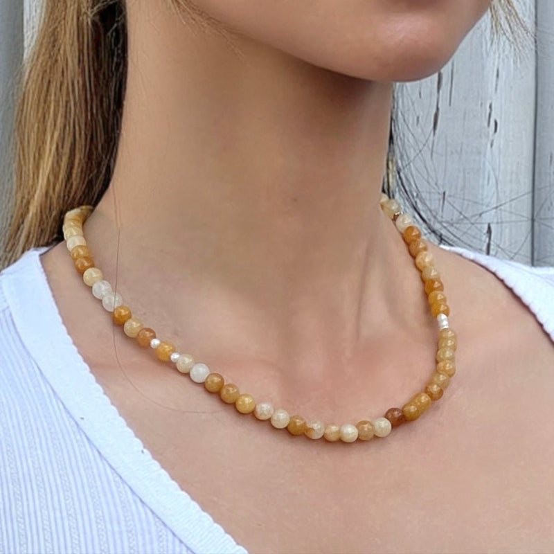 Yellow Aventurine Freya Necklace on model – handmade crystal necklace for positivity and confidence